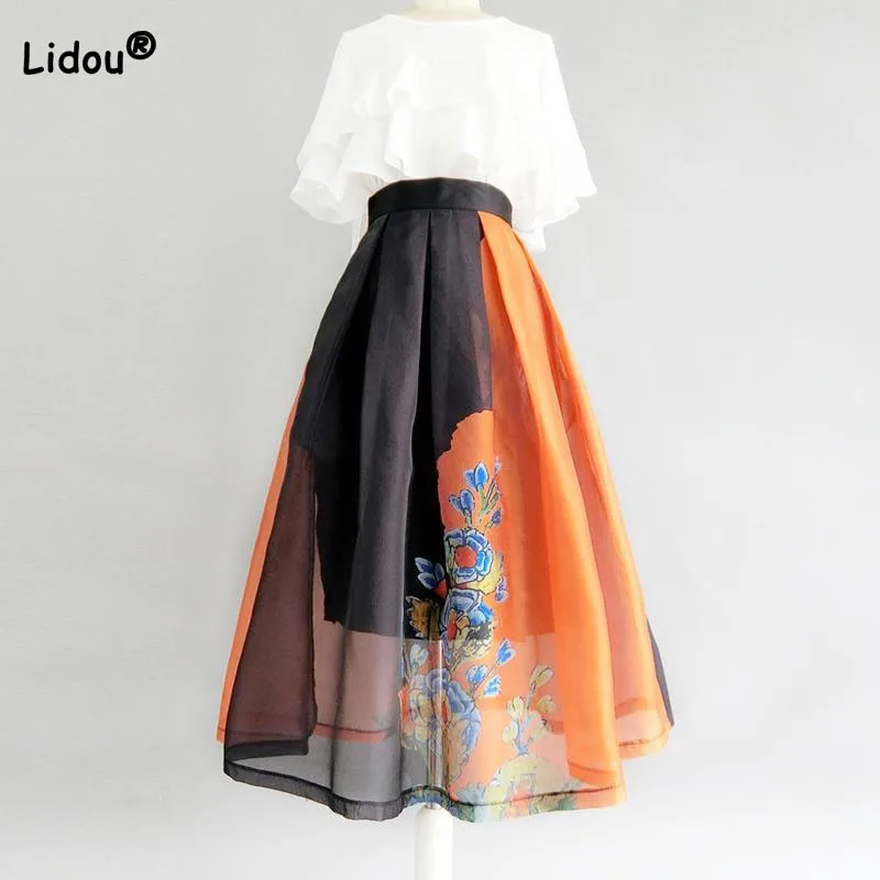 Top Trends: Summer Vintage Printing High Waist Skirt For Women Fashionable Elegant Loose Patchwork Ball Gown Skirts Female Clothing 2023 Shoppable Styles