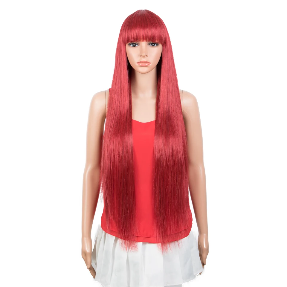 Top Trends: Fashion Idol 36 Inch Bangs Long Straight Synthetic Wigs For Women Ombre Red Wine Red Heat Resistant Wigs Cosplay Shoppable Styles