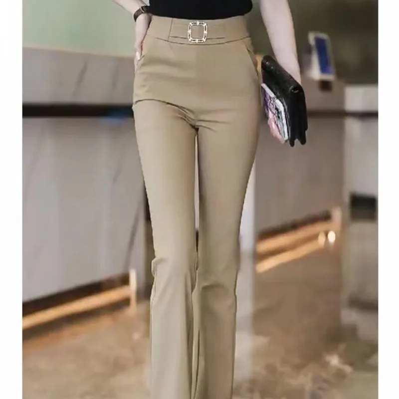 Top Trends: Spring And Autumn Women's Solid Colors High Waist Slim Fashion Flare Pants Button Pockets Classic Commuter Korean Trousers Shoppable Styles