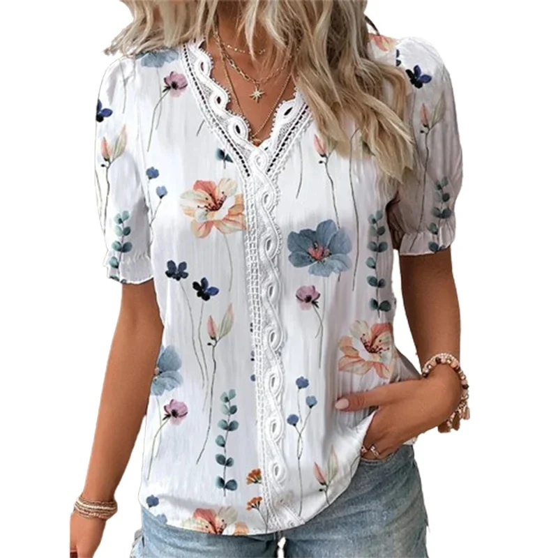 Top Trends: Women V Neck Splice Lace Decoration Pullover Shirt Elegant Botanical Flowers Prints Female Blouse Summer Casual Short Sleeve Top Shoppable Styles