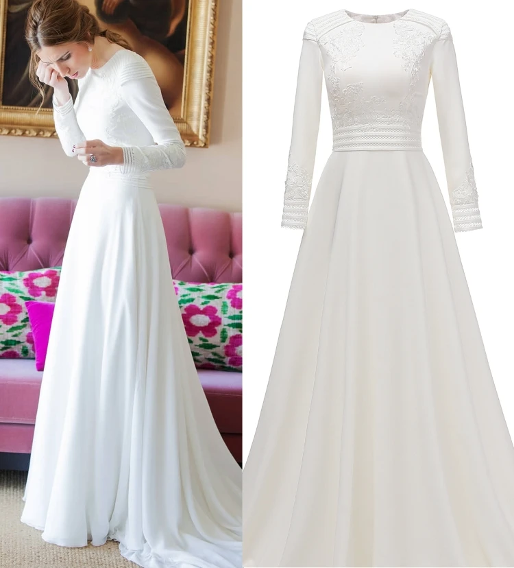 Top Trends: New Real Photo Simple Long Sleeve O-Neck Pleating Soft Satin Vintage Muslim Wedding Dress Bridal Gown Bride White Wedding Gown Shoppable Styles