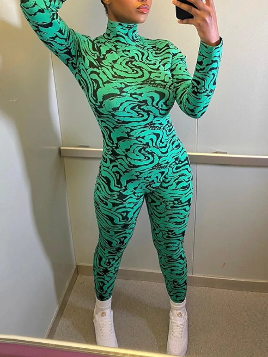 Top Trends: LW Sexy Jumpsuit Turtleneck Graffiti Print Skinny Jumpsuit Women Rompers Long Sleeve Bodycon Jumpsuit Fashion Fitness One Piece Shoppable Styles