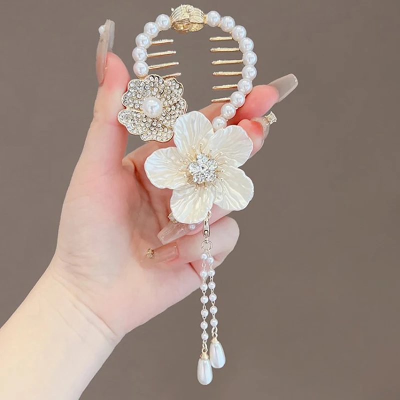 Top Trends: Fashion Camellia Frog Buckle Women Girls Rhinestone Pearl Tassel Style Hairpin Barrette Hair Pins Ponytail Hair Accessories Shoppable Styles