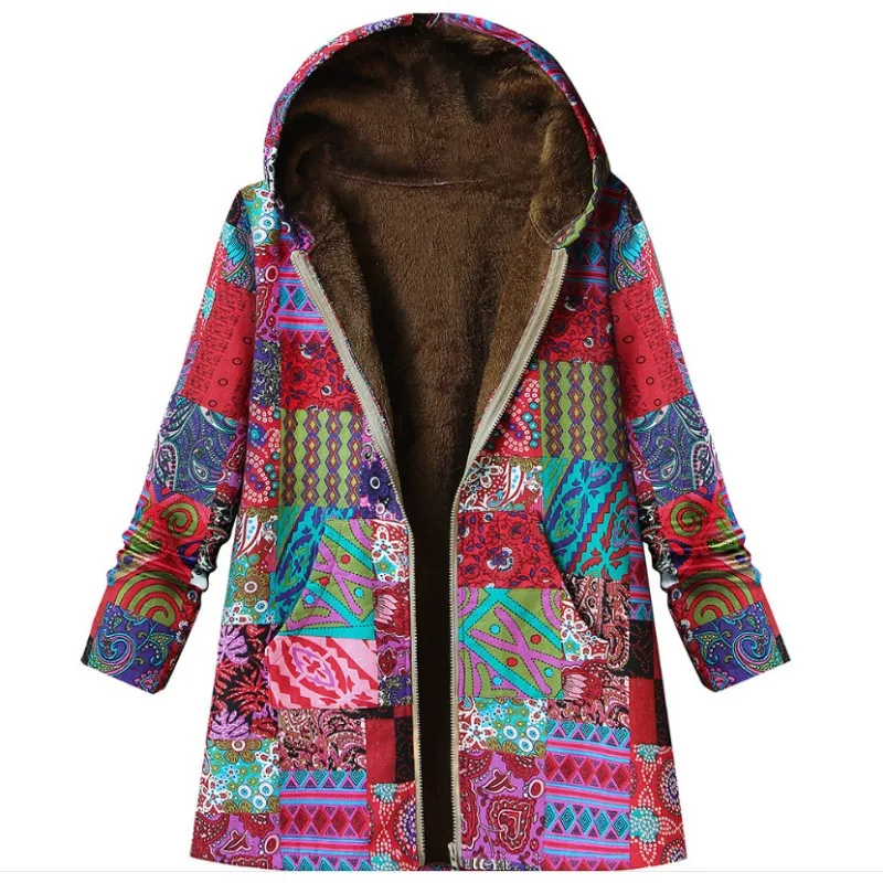 Top Trends: New Warm Winter Women Jackets Fleece Cotton Outerwear Print Hooded Coat Vintage Winter Cotton-padded Jacket Women's Clothing Shoppable Styles