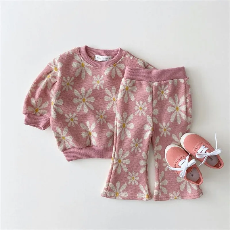 Top Trends: 2023 Autumn Toddler Baby Girl Clothing Set Girls Knitted Sweater Tops + Flared Pants 2 Pieces Knit Suit Children Outfits Clothes Shoppable Styles