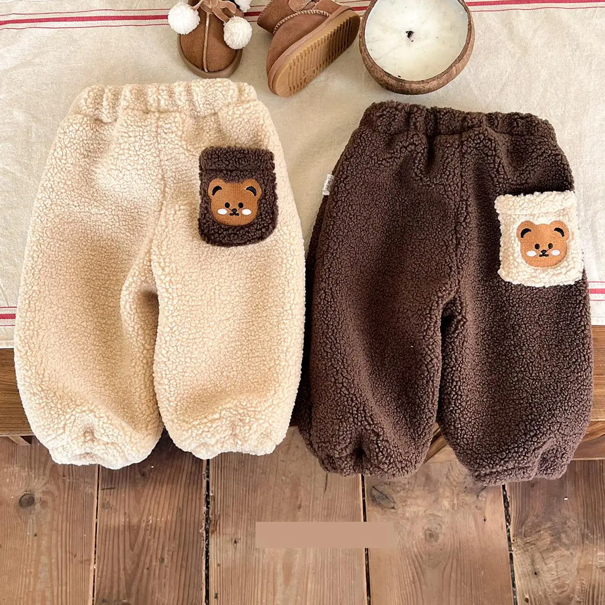 Top Trends: 2023 Winter New Baby Fleece Trousers Infant Girls Cute Bear Pocket Warm Pants Toddler Boys Thick Casual Pants Children Clothes Shoppable Styles