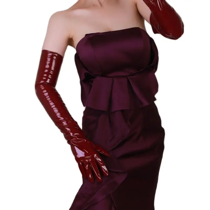 Top Trends: 60cm Patent Leather Long Gloves Extra Long Section PU Emulation Leather Bright Leather Mirror Wine Red Dark Red Female WPU44-60 Shoppable Styles