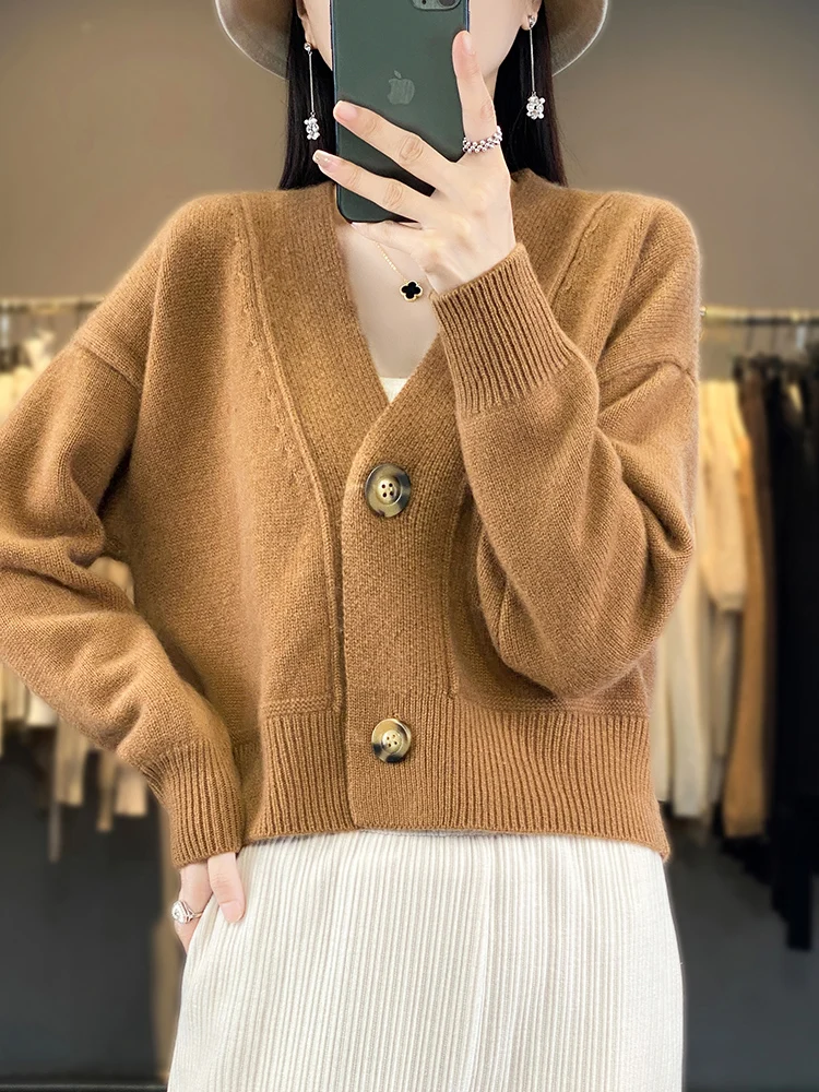 Top Trends: Addonee 100% Merino Wool Cardigan V-Neck Long Sleeve High Quality Cashmere Knitwears Autumn Winter Women's Sweater Vintage Tops Shoppable Styles