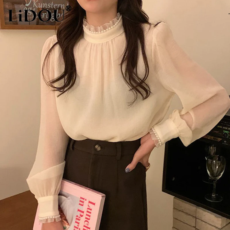 Top Trends: Spring Autumn Half High Collar Pearl Elegant Fashion Shirt Top Women Long Sleeve Ruffles All-match Aesthetic Pullover Blouse Shoppable Styles