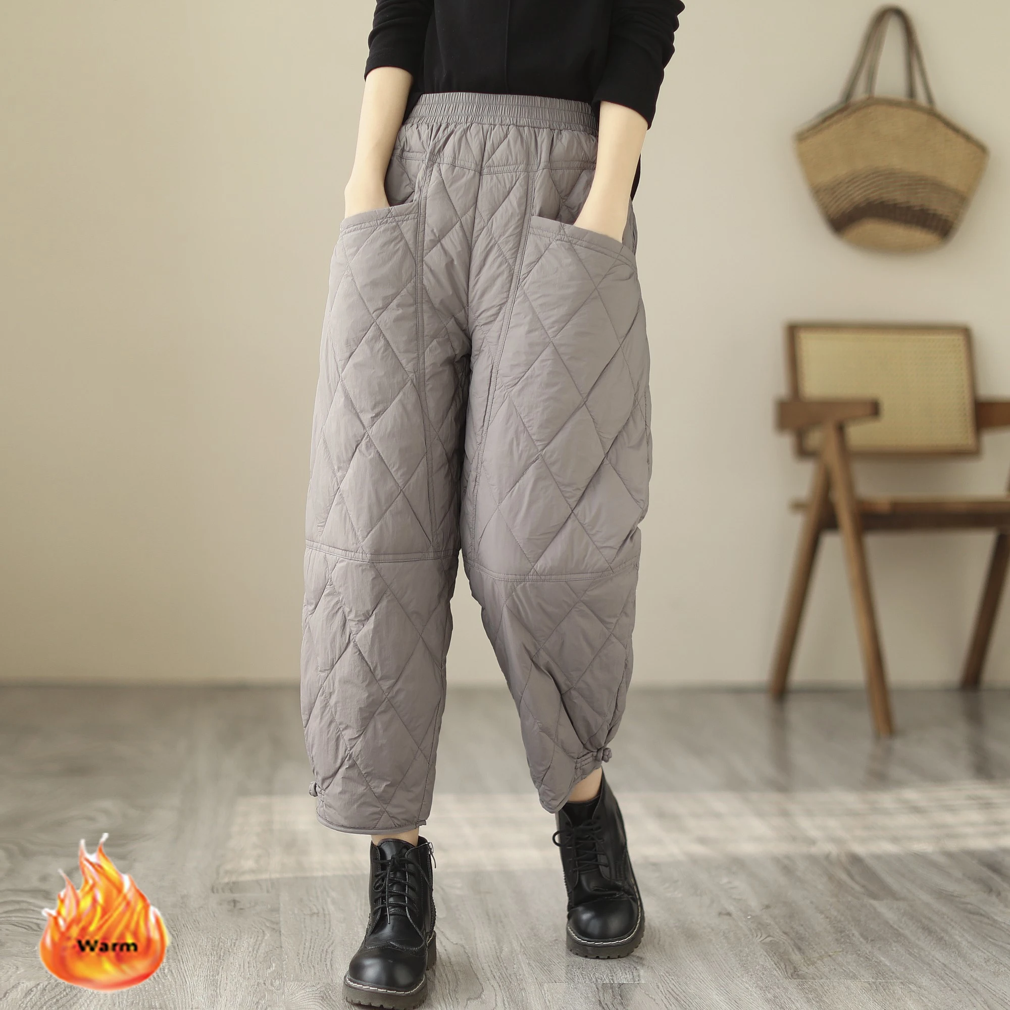 Top Trends: Warm Down Cotton Harem Pants Women Korean Fashion Winter High Waist Baggy Trousers Snow Wear Thick Quilted Pantalones Casual Shoppable Styles