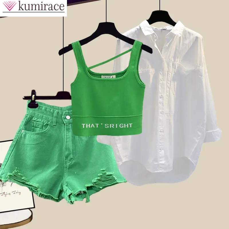 Top Trends: Korean Popular Summer New Style Worn Casual Shorts White Chiffon Shirt Green Vest Bra Three Piece Elegant Women's Shorts Set Shoppable Styles