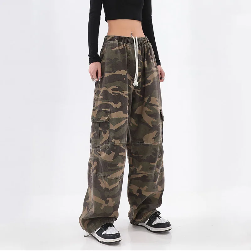 Top Trends: Streetwear Women Oversize Camouflage Cargo Pants Drawstring Elastic Waist Pockets Spring Autumn Vintage Fashion Casual Trousers Shoppable Styles