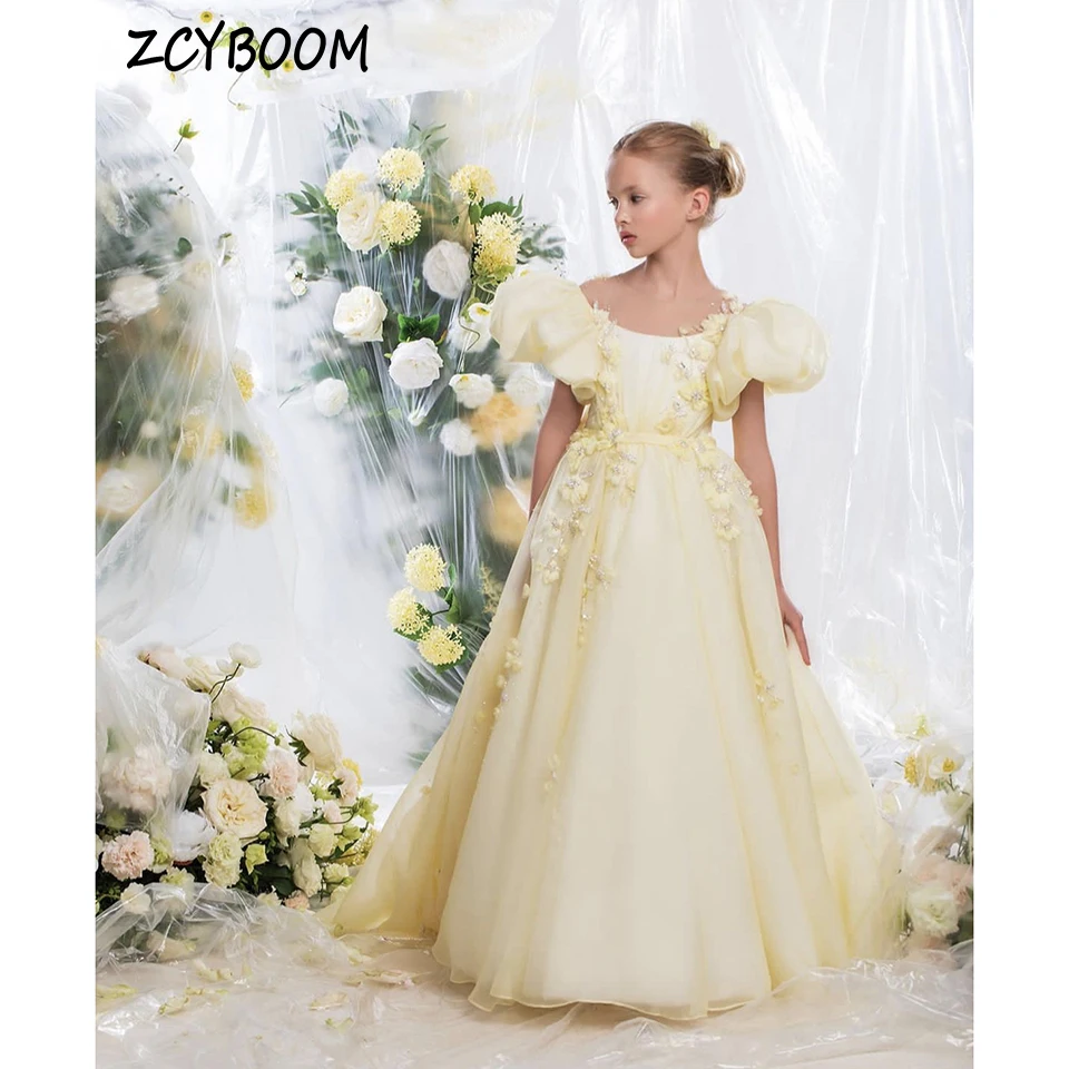 Top Trends: Luxury O-Neck Puff Sleeves Flower Girl Dress For Wedding 2023 Elegant A-Line Floor Length First Communion Dress Pageant Gown Shoppable Styles