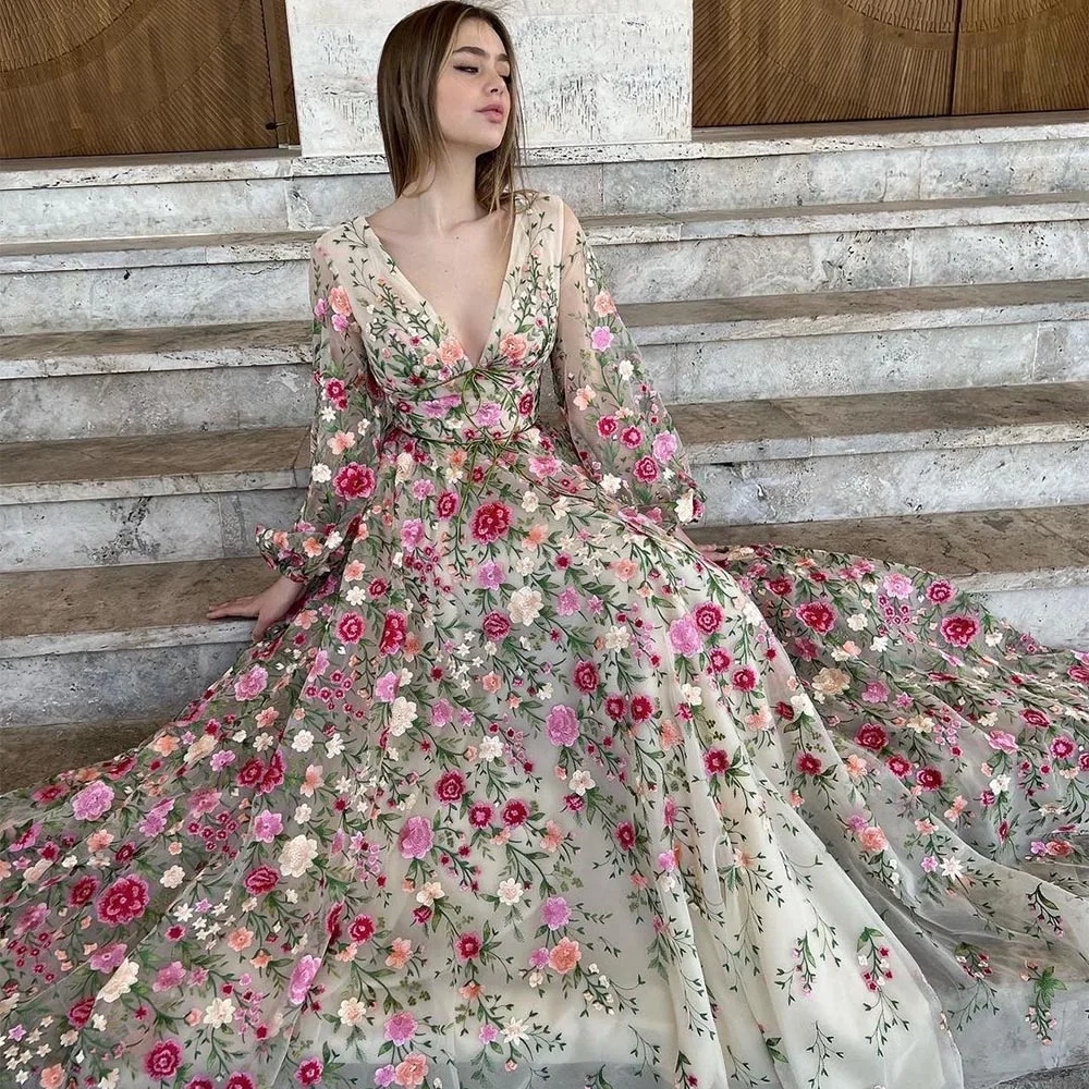 Top Trends: Sevintage Elegant Floral Tulle Prom Dresses Long Sleeves V-Neck Lace Appliques A-Line Evening Gown Formal Party Dress 2022 Shoppable Styles