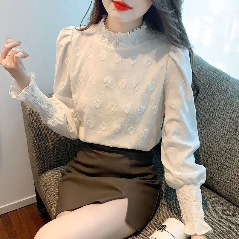 Top Trends: Stylish Solid Color Loose Ruffles Lace Blouse Women Clothing 2023 Spring New Casual Pullovers Puff Sleeve Office Lady Shirt Shoppable Styles