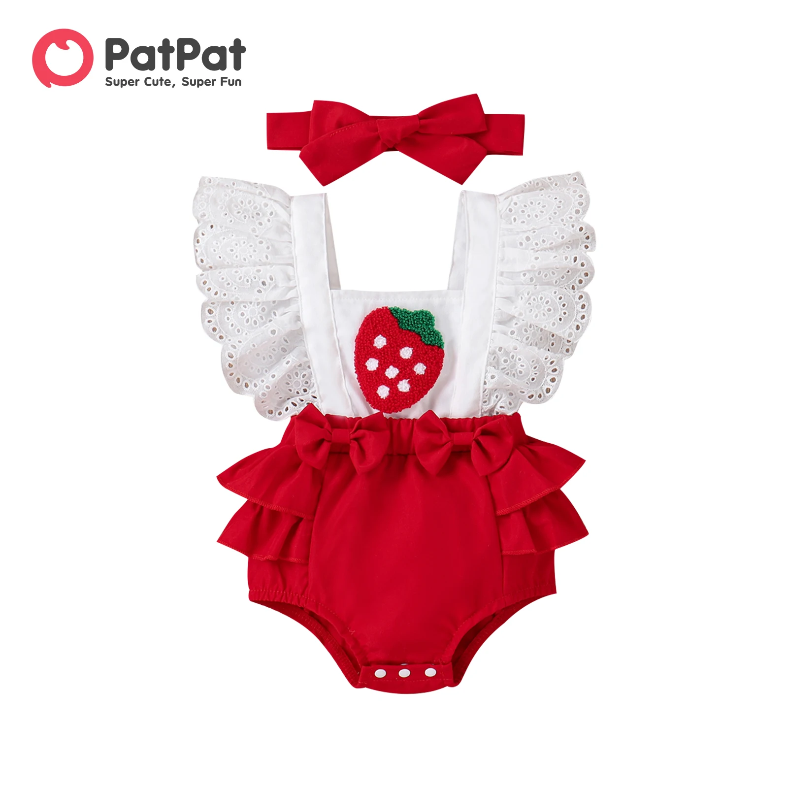 Top Trends: PatPat 2pcs Baby Girl Strawberry Embroidered Bow Front Ruffled Spliced Romper & Headband Set Shoppable Styles