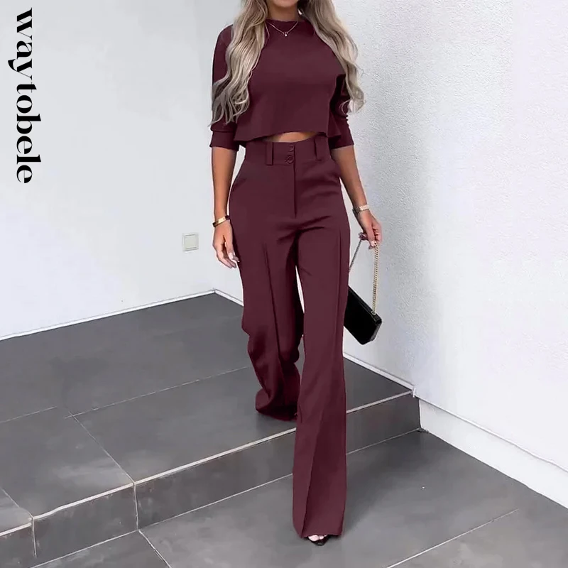 Top Trends: Waytobele Women Two Piece Set 2024 Autumn Casual Solid Round Neck Half Sleeve High Waist Top Straight Loose Pants Set Streetwear Shoppable Styles