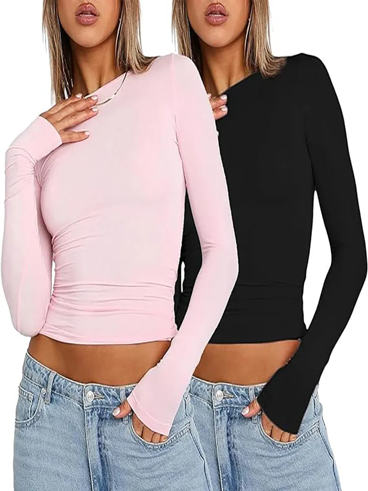 Top Trends: Pink Long Sleeve T-shirt Women 2024 Spring Cute White Tees Crop Top Ladies Summer Korea Y2K Causal Sexy O Neck Basic Tshirt Shoppable Styles