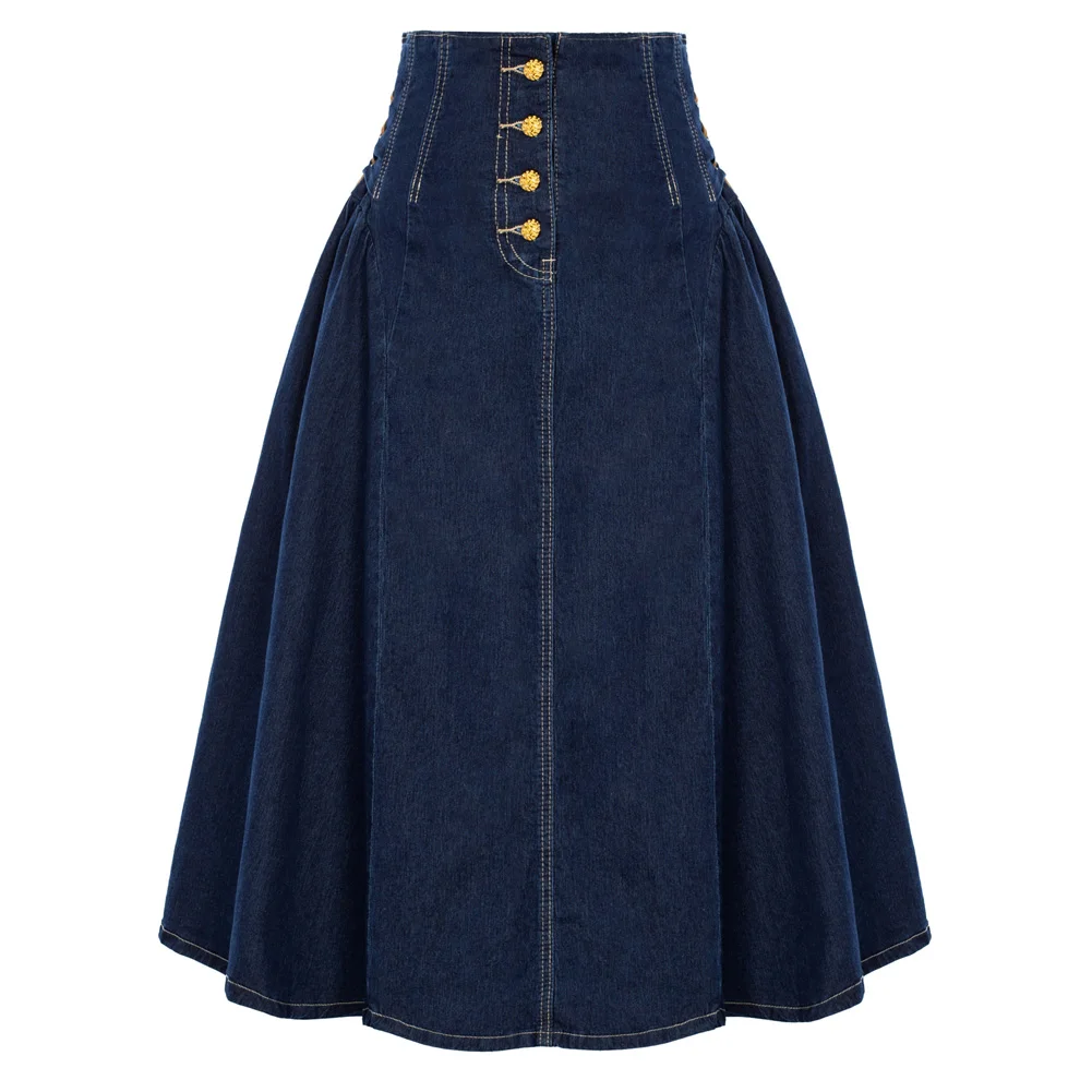 Top Trends: Belle Poque Women's Button Fly Denims Skirts Mid-calf Vintage Elastic High Waist A-Line Midi Jean Skirts With Pockets A30 Shoppable Styles