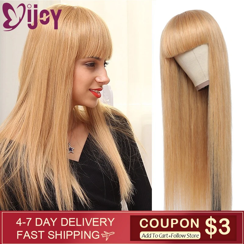 Top Trends: Honey Blonde Straight Human Hair Wigs With Bangs For Women Full Machine Made Wig Brazilian Remy Hair Wig 150% Density IJOY Shoppable Styles