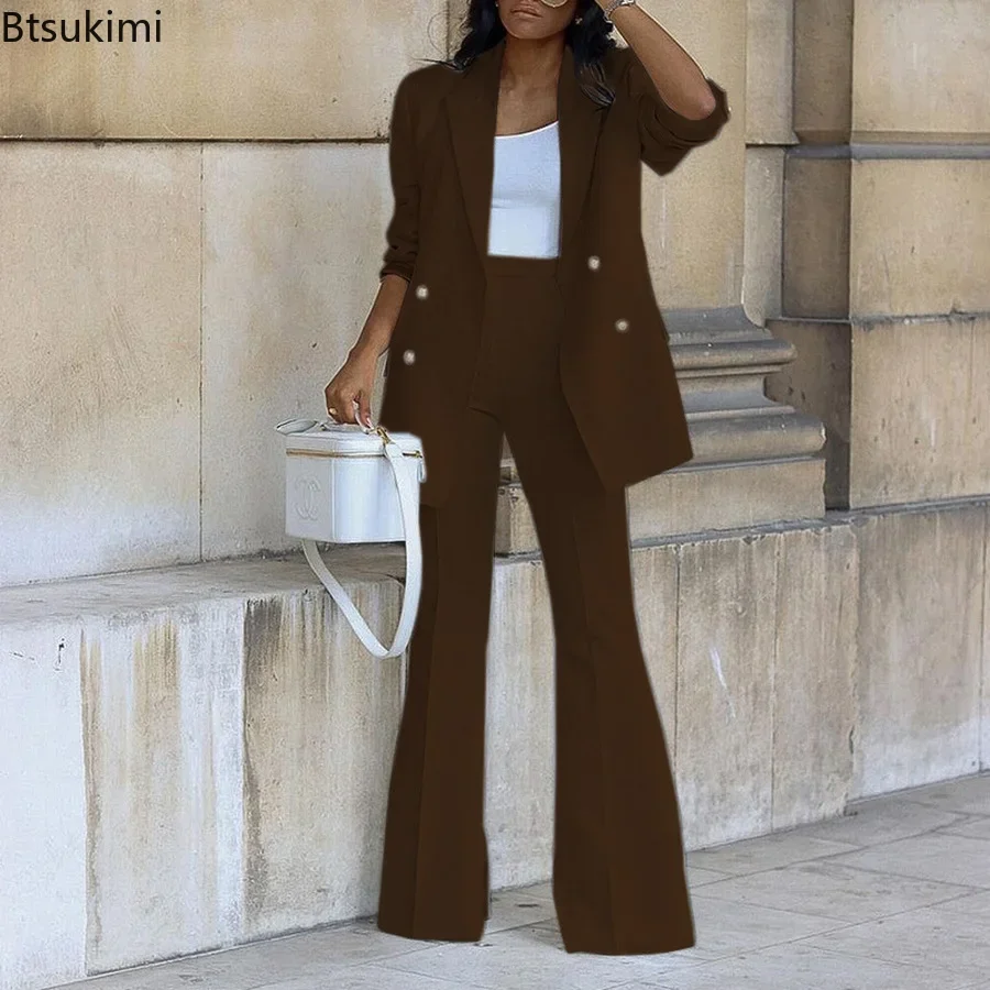 Top Trends: 2024 Women's Two Pieces Pants Sets Solid Double Breasted Blazer Suits And Straight Flare Pants Suit 2 Piece Set Outfits Female Shoppable Styles - Image 6