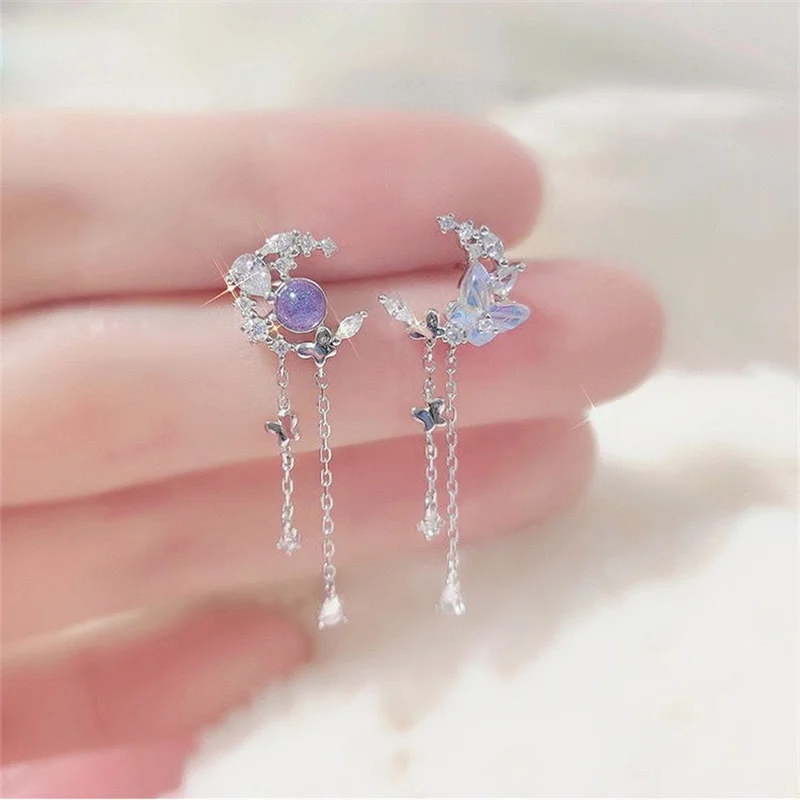 Top Trends: Delicate Cute Zircon Moon Tassel Butterfly Stud Earrings For Women Korean New Fashion Asymmetric Earrings Girls Party Jewelry Shoppable Styles