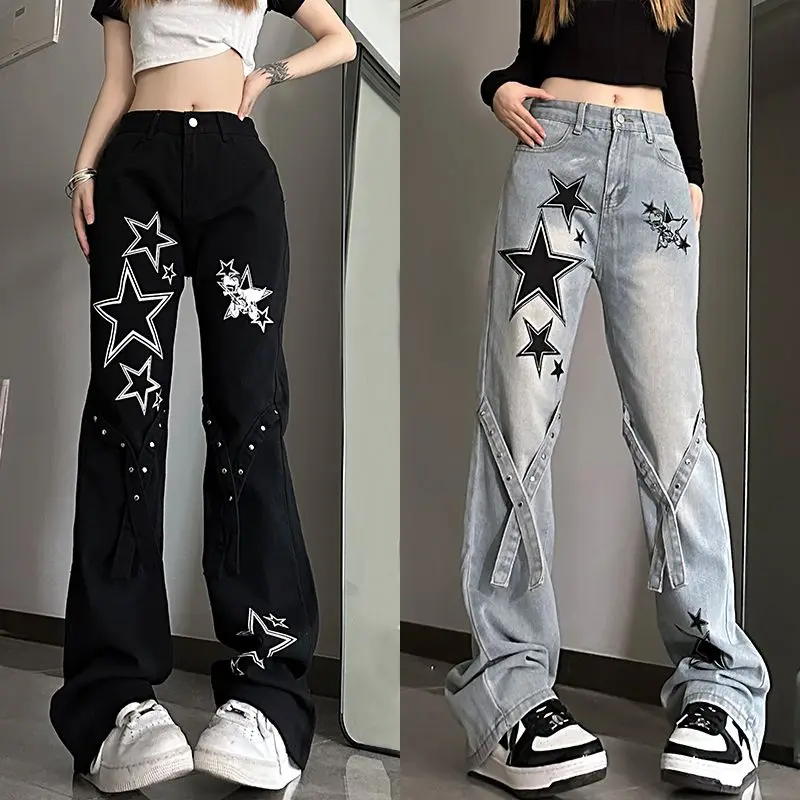 Top Trends: Spring Autumn High Waist Street Style Star Printed Jeans Female Harajuku Y2K Casual Fashion All-match Denim Pants Women Trousers Shoppable Styles