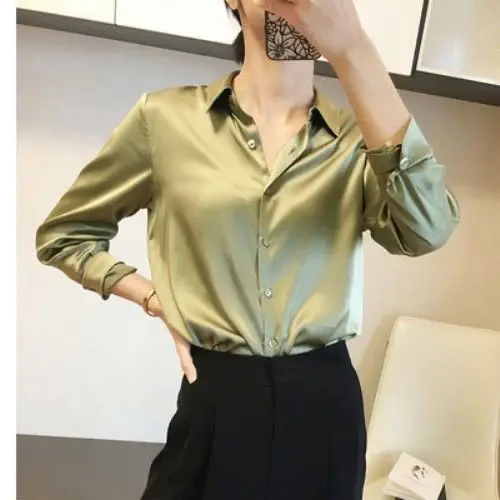 Top Trends: Fashion Button Up Satin Silk Shirt Vintage Blouse Women Top Lady Long Sleeves Female Loose Street Shirts Blusa Feminina Elegante Shoppable Styles