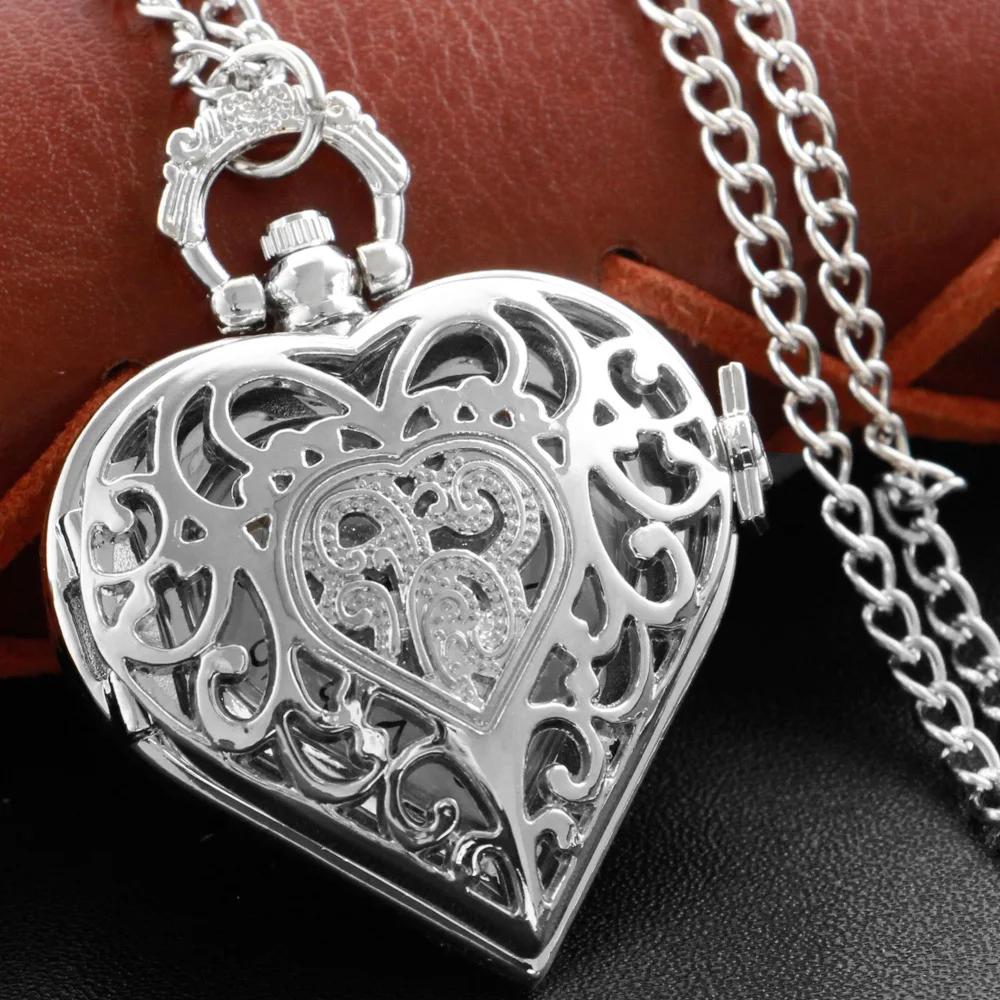 Top Trends: Silver Hollow Heart-Shaped Sculpture Steampunk Quartz Pocket Watch Men's And Women's General Decorative Jewelry Necklace Gift Shoppable Styles