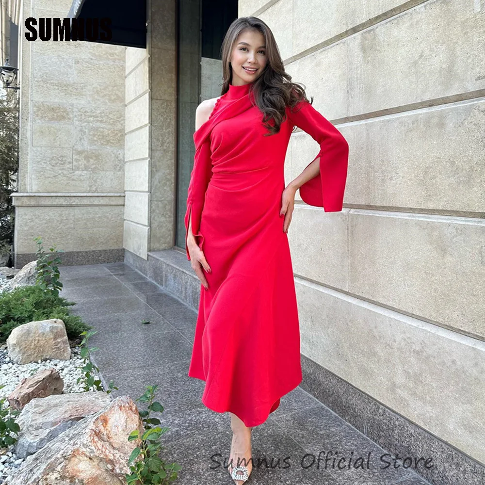 Top Trends: SUMNUS Charming Red Evening Dresses Off Shoulder Long Sleeves Arabic Formal Party Dress Ankle Length Special Occasion Prom Gowns Shoppable Styles