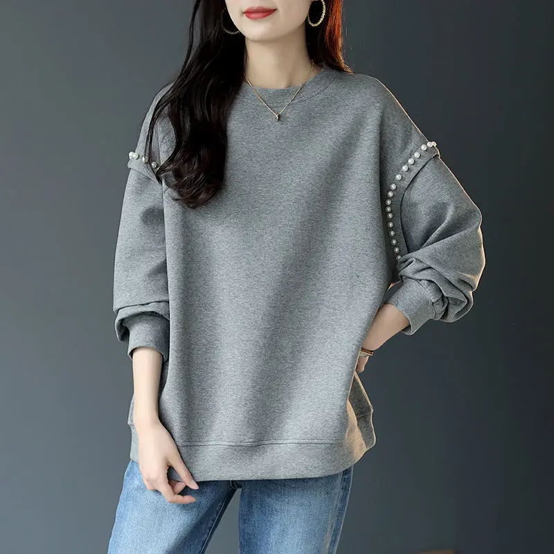 Top Trends: Cotton Round Neck Long Sleeve Beaded Casual Sweatshirts Women's Spring 2023 New Simple Loose All-match Solid Color Lady Top Shoppable Styles