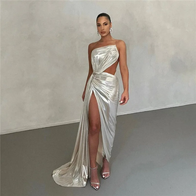 Top Trends: Women's 2023 Spring New Slim Dresses Sliver Backless Elegant Skinny Shiny Party Clubwear Casual Hollow Out Lady Vestidos Shoppable Styles