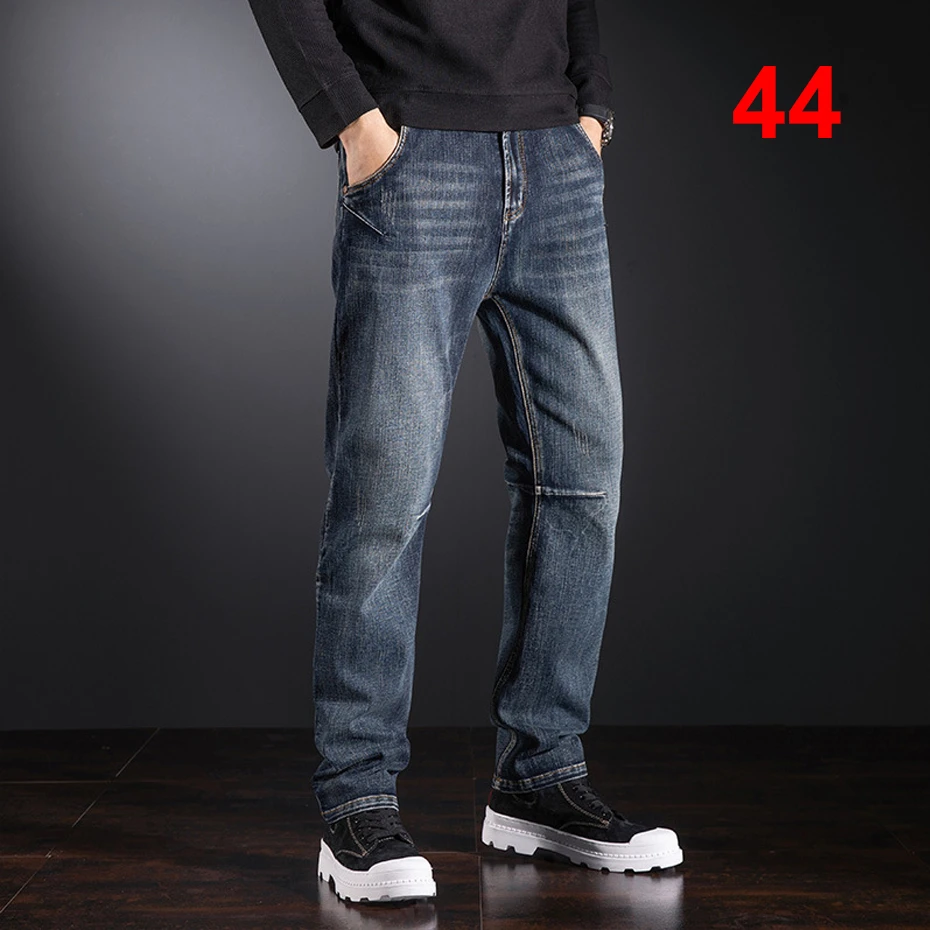 Top Trends: Plus Size Denim Pants Men Straight Jeans Fashion Casual Solid Color Blue Denim Pants Male Big Size Trousers Shoppable Styles