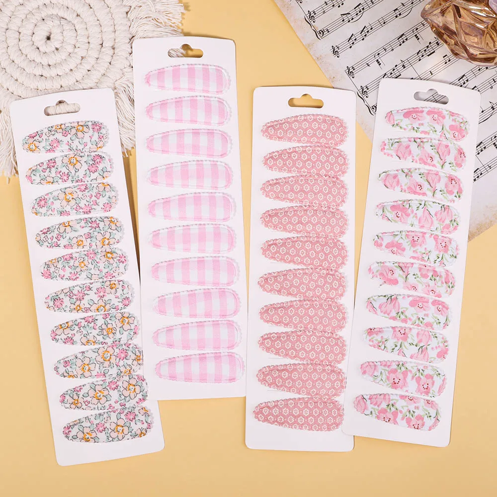 Top Trends: 10Pcs / Set Sweet Flower Printed Hair Clips For Kids Girls Wterdrop Shape BB Clips Handmade Barrettes Headwear Hair Accessories Shoppable Styles