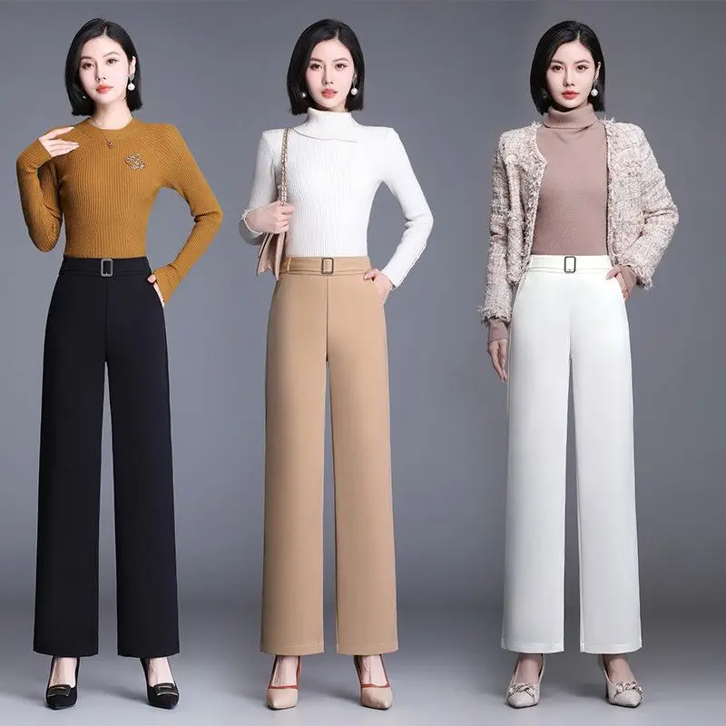 Top Trends: Office Lady Fashion All-match Wide Leg Pants Spring Autumn Women High Waist Elastic Band Loose Solid Casual Straight Trousers Shoppable Styles