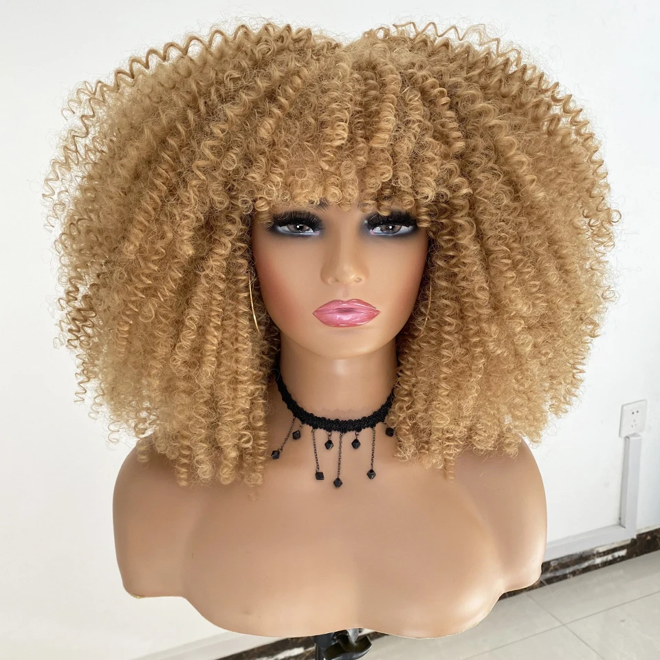 Top Trends: 16‘’ Short Hair Afro Kinky Curly Wigs With Bangs For Black Women African Synthetic Ombre Glueless Cosplay Wig High Temperature Shoppable Styles