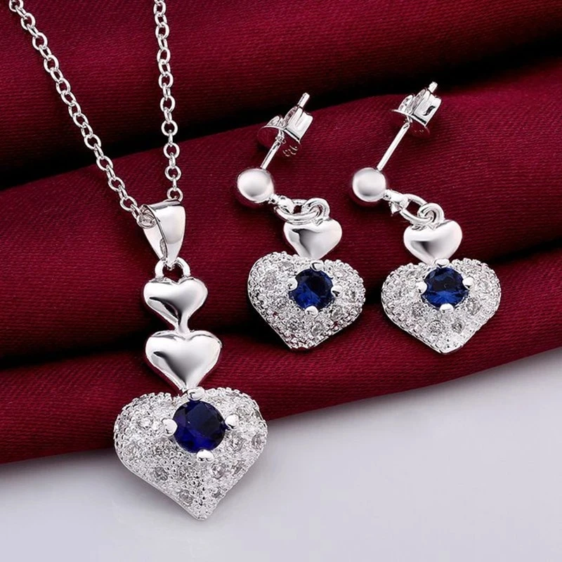 Top Trends: Hot Noble Blue Crystal Heart 925 Sterling Silver Pendant Necklace Earring Jewelry Sets For Woman Classic Fashion Party Fine Gift Shoppable Styles