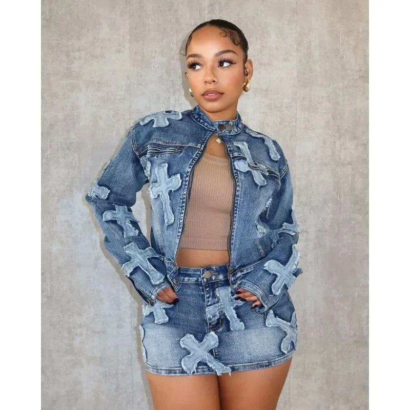 Top Trends: Vintage Embroidery Denim 2 Piece Set Women Autumn Long Sleeve Button Zipper Short Jacket High Waist Mini Skirt Casual Streetwear Shoppable Styles