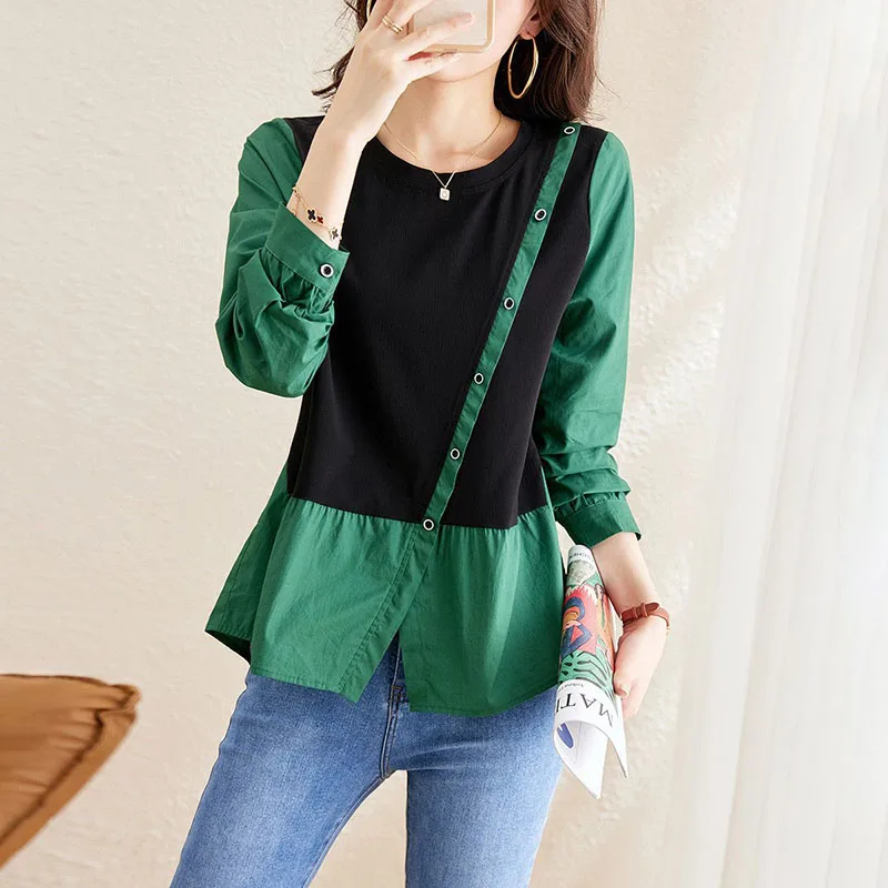 Top Trends: Stylish Button Spliced Folds Fake Two Pieces Asymmetrical Blouse Women's Clothing 2022 Autumn New Casual Pullovers Korean Shirt Shoppable Styles