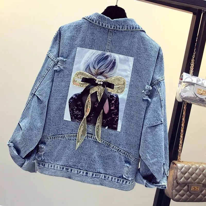 Top Trends: Women Embroidery Ripped Denim Biker Jacket Retro Long Sleeve Turn Down Collar Drop Shoulder Jean Coat Cardigan Moto Outerwear Shoppable Styles