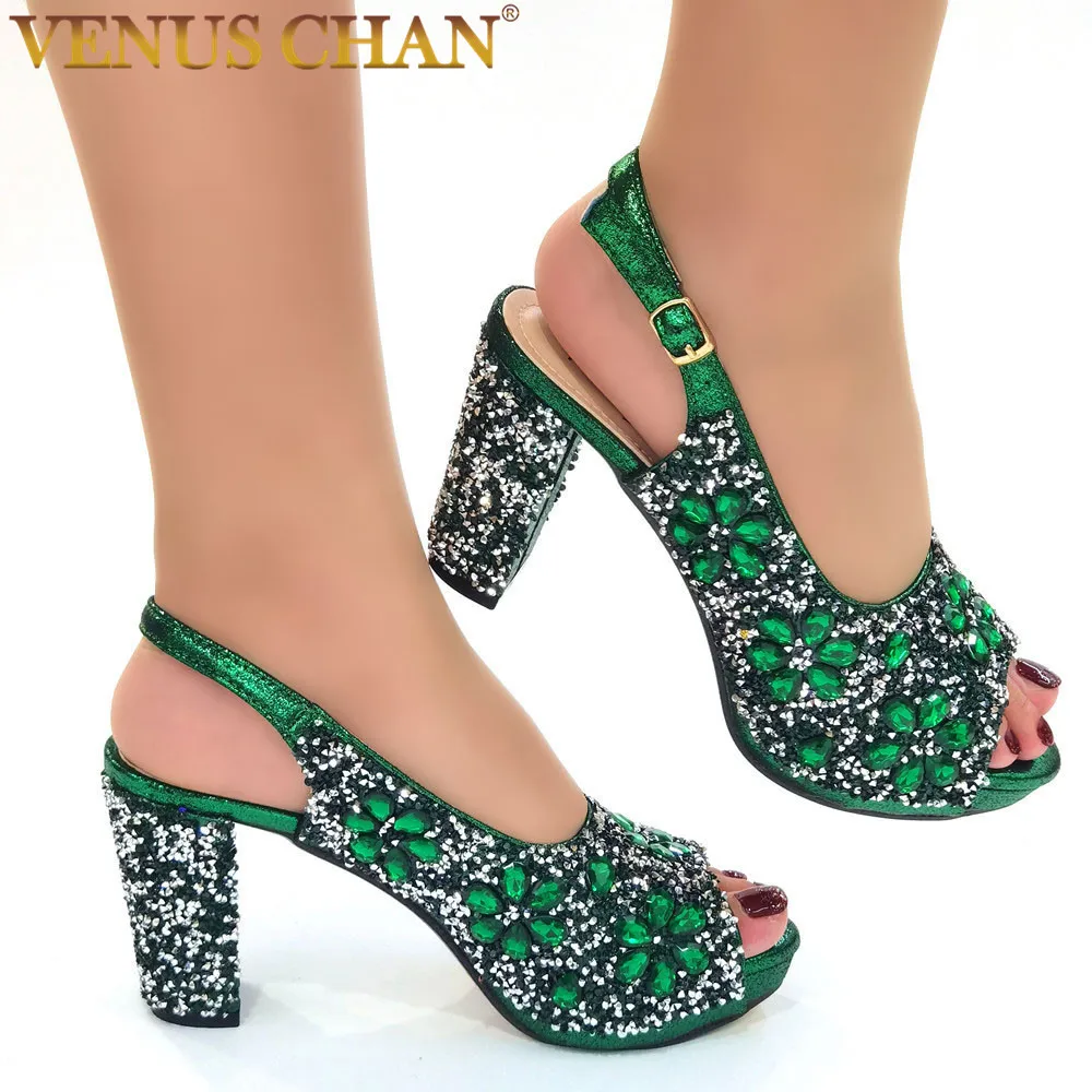 Top Trends: Venus Chan Nigerian Green Color Women&#039;s Party High Heel Shoes Full Diamond Design Fashion Summer Sandals Wedding Ladies Shoes Shoppable Styles