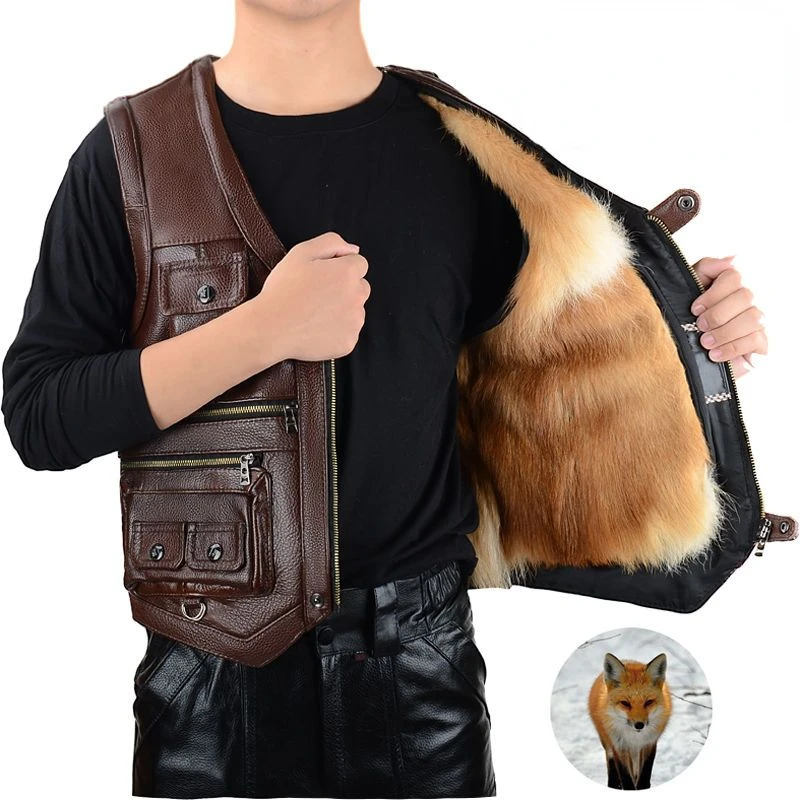 Top Trends: Mens Genuine Leather Cowhide Vest Middle Aged And Elderly Men&#039;s Winter Vest Integrated With Fur And Thick Wool Lining Vest Shoppable Styles