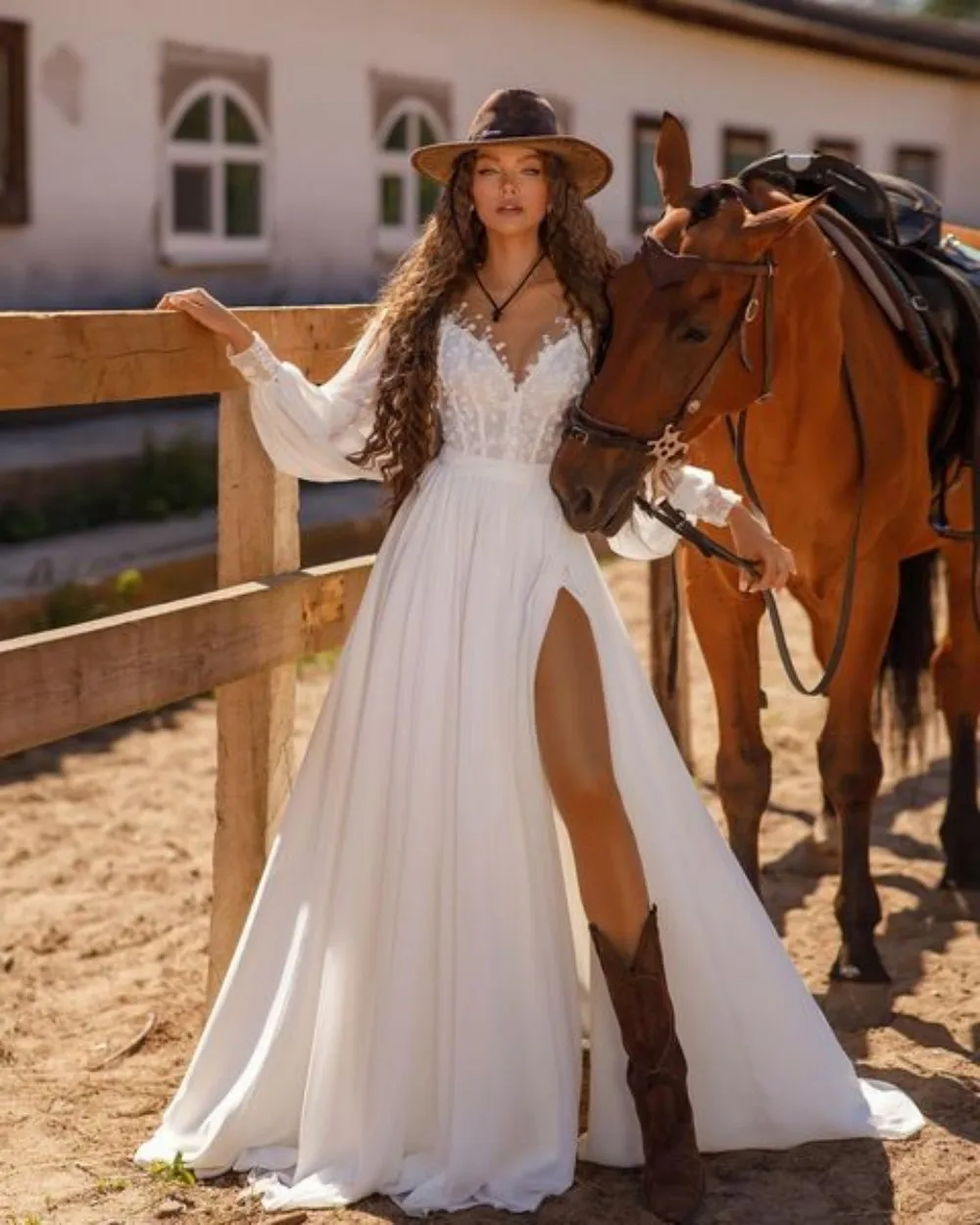 Top Trends: Civil Chiffon Wedding Dresses Long Puff Sleeves Boho Bridal Gowns Side Split Sweep Train Elegant Simple A-Line Robe De Mariage Shoppable Styles