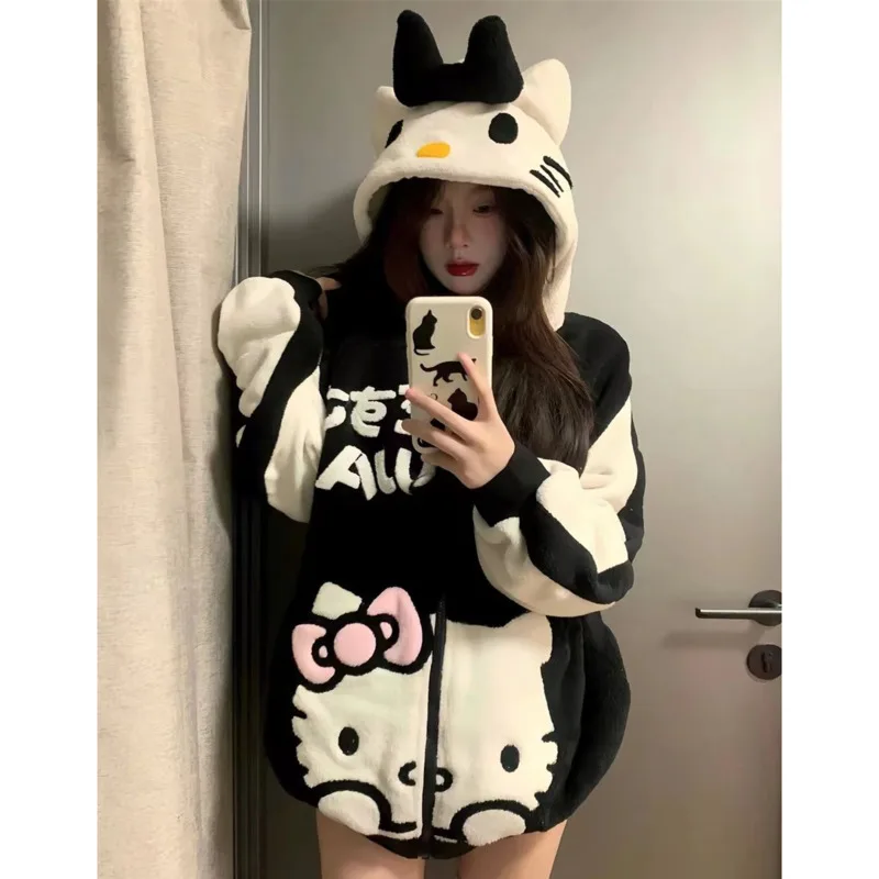 Top Trends: Kawaii Hello Kitty Sanrio Embroidered Plush Hooded Coats Women Cute Cartoon Y2k Zipper Jackets JK Loose Coats For Women Shoppable Styles