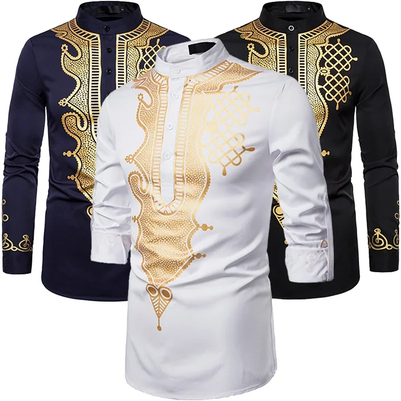 Top Trends: Ethnic Style Men Casual Long Sleeve Luxury Gold Floral Print Henley Shirt Stand Collar African Dashiki Shirt Shoppable Styles