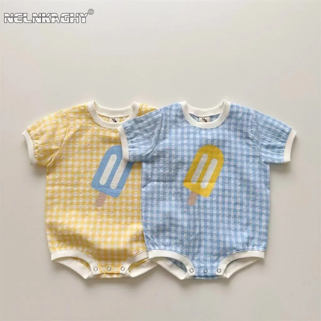 Top Trends: Newborn Baby Girls Boys Short Sleeve Plaid Ice Cream Print Jumpsuits Toddler Cotton Thin Clothing Infant Kids Bodysuits 유아복 Shoppable Styles