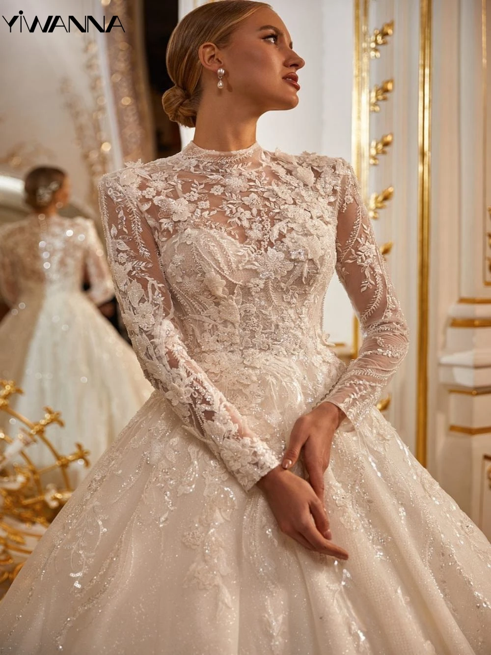 Top Trends: Modest High Collar Long Sleeve Wedding Dress Sparkly Sequins Beads Dress For Bride Luxury A-line Long Bridal Gown Robe De Mariée Shoppable Styles