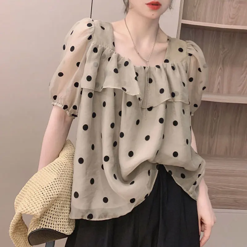 Top Trends: Summer Sweet Polka Dot Printed Shirt Women&#039;s Elegant Square Collar Ruffles Spliced Loose Casual Puff Sleeve Drawstring Blouse Shoppable Styles