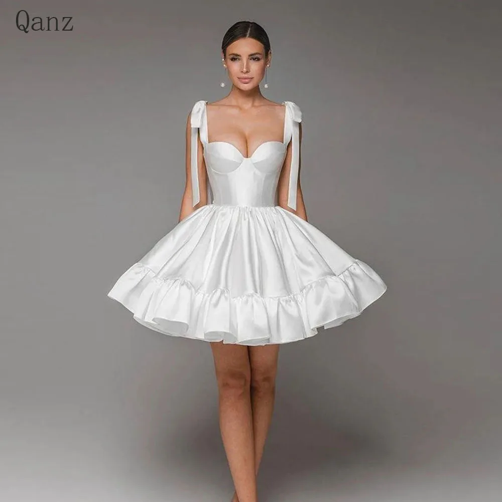 Top Trends: Qanz White Wedding Dress Spaghetti Straps Bow Bride Dress Short A Line Marriage Dress Lace-up Back Party Dress Vestido De Noiva Shoppable Styles