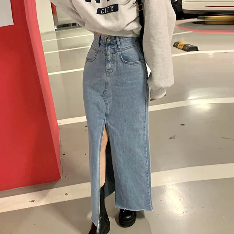 Top Trends: Spring Vintage Fashion High Waist Sexy Mujer One Button Split Long Denim Skirt For Women Korean Fashion Clothing Shoppable Styles